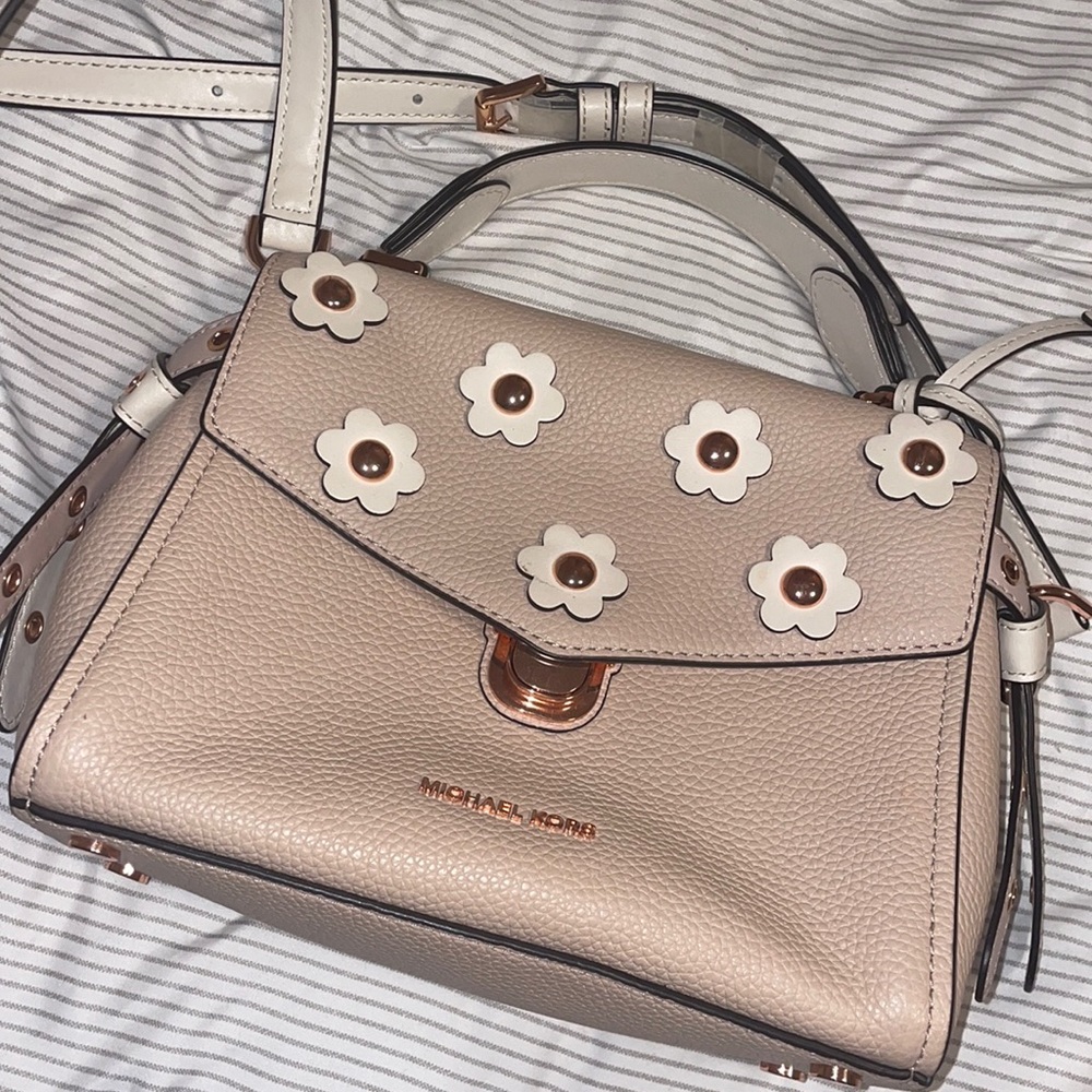Blush and daisy embroidered Michael’s kors satchel bag with strap